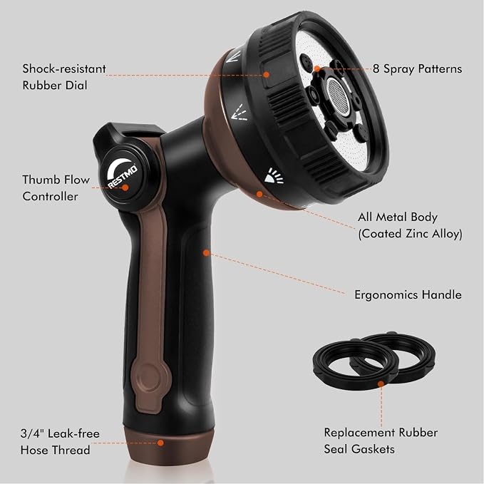 RESTMO Garden Hose Nozzle Heavy Duty, Metal Sprayer Nozzle Thumb Control | 8 Spray Patterns Full Shower Water Hose nozzle for Garden Hose, Ideal for Lawn & Plant Watering, Car & Pet Washing, Brown