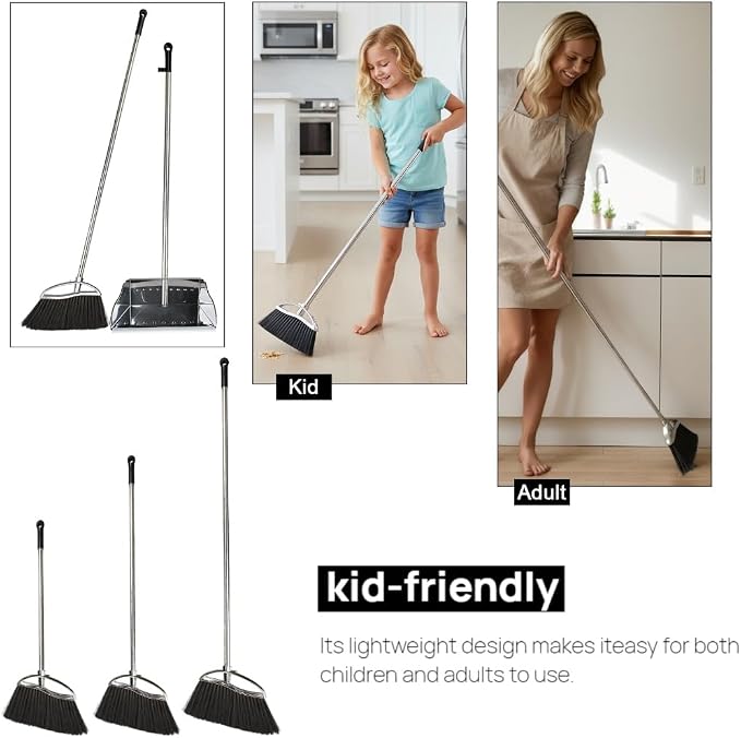 Indoor Broom and Dustpan Comb Set,Heavy Duty Stainless Steel Metal Dust Pan with Long Handle Sweeping Soft Bristles Broom for Floor Home Lobby Office