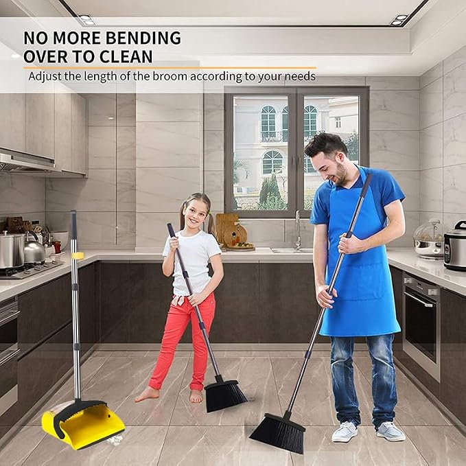 2-Pack is More economical，Brooms with Dustpan Combo Set，with 52" Long Handle, Dustpan Teeth with self-Cleaning Function, Indoor and Outdoor Sweeping, Perfect for Home Office (Large/Yellow /2-Pack)