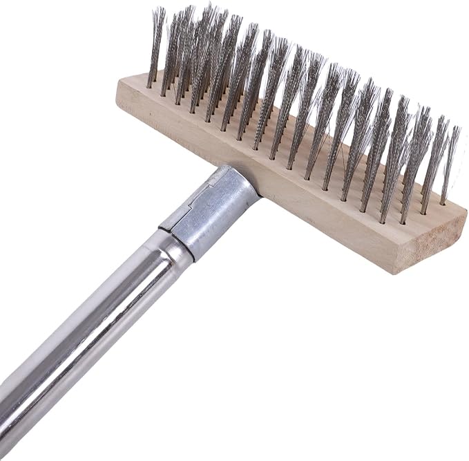 Heavy Duty Stainless Steel Wire Scrub Brush with Long Handle Moss Remover Wire Broom Outdoor Floor Scrub Brush for Patio Deck Garden Garage (20cm / 7.9in)