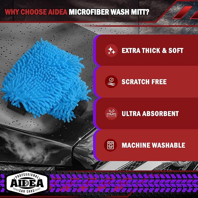 AIDEA Car Wash Mitt Microfiber, 2PK, Car Wash Brush, Blue, 8''X12'' | Scratch Free Lint Free Premium Chenille Microfiber Mitt, Cleaning Supplies, Extra Large Size
