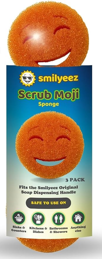 The Original Scrub Moji Scrubbing Sponge by Smilyeez (Set of 3) - Orange- Temperature-Responsive Polymer Foam, Stain and Odor Resistant, Ideal for Kitchen and Bathroom Cleaning
