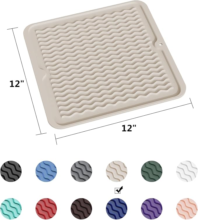ZLR 4-in-1 Silicone Mat 12" x 12" / 305 x 306mm Square - Dish Drying Mat, Air Fryer Mat, Coffee Maker Pad & Heat Resistant Trivet (up to 450°F) - Non-Slip Food-Grade BPA-Free (Cassava White)