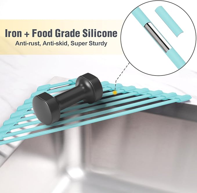 Tomorotec Compact Silicone-Coated Triangle Dish Drying Rack for Sink Corner - Foldable Stainless Steel Over-The-Sink Organizer and Storage Shelf (Mint Green)