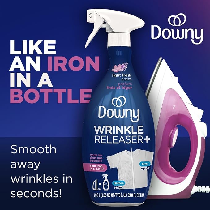 Downy Wrinkle Releaser Spray,All In One Wrinkle Release Spray,Odor Eliminator,Static Remover,Fabric Refresher & Ironing Aid for Clothes,33.8 Fl Oz,Light Fresh Scent,(Pack of 4)
