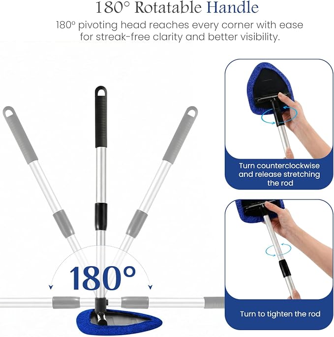 Windshield Cleaner Tool for Inside Car Windows with 6 Microfiber Pads Power Blade Glass Cleaning Kit, Magnetic Reach Handle for Auto Interior, Streak Free Window Supplies