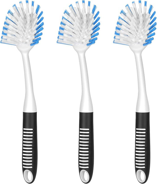 SetSail Dish Brush with Handle, 3 Pack Stiff Bristles Dish Scrubber with Built-in Scraper Dish Scrub Brushes for Cleaning Dishes, Pots and Pans, Kitchen Sink, 3 Pack, Black Blue