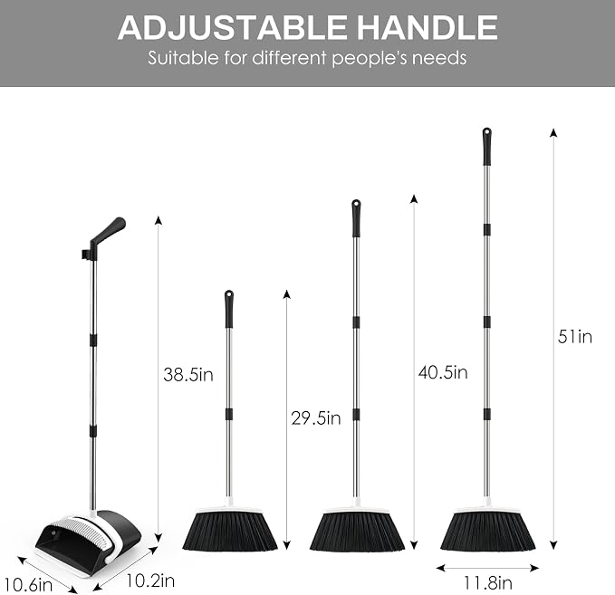 Broom and Dustpan Set for Home, 51-in Long Adjustable Handle Angle Broom and Dustpan Combo Set with Dust Pan Teeth to Clean Hair for Home Kitchen Office Lobby Floor Garden (Black&White)
