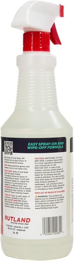 Rutland Fireplace Glass and Hearth Cleaner for High Temperature Glass, Wood Stove Cast Iron, Steel, Fireplace Grates & Screens - Ammonia-Free Cleaning Solution for Soot - Made in USA, 32 oz