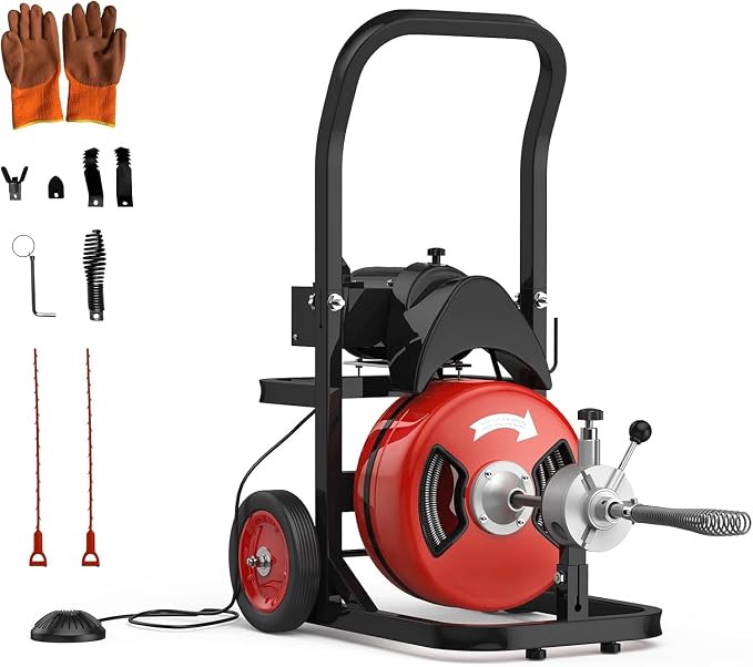 Garvee 100Ft 1/2 Inch Drain Cleaning Machine, 450W Portable Drain Cleaning Machine Auto Feed Electric Sewer Snake, Electric Drain Auger with 6 Cutter Air-Activated Foot Switch for 2" to 4" Pipes