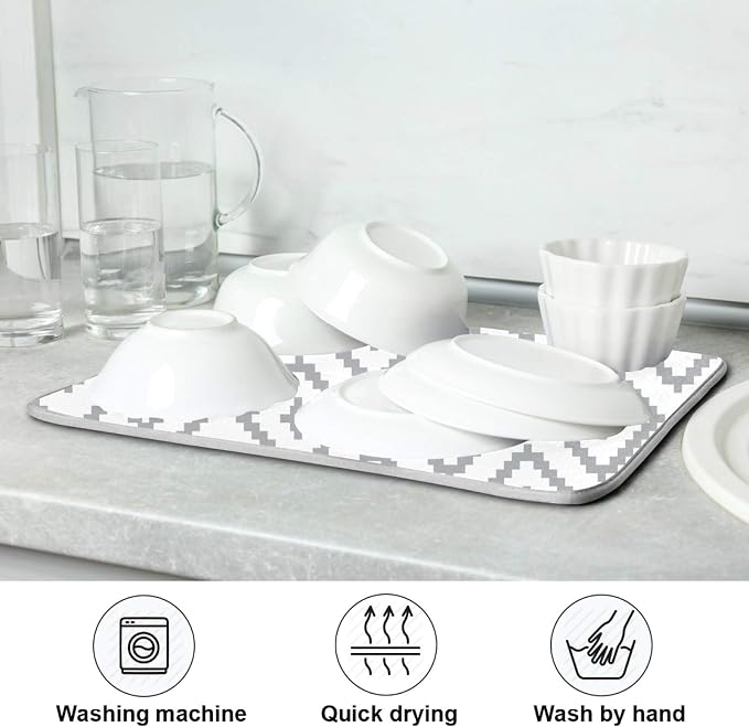 Super Absorbent Dish Drying Mat, Microfiber Fast-Drying Dish Mat, 16" x 18, Kitchen Dish Drying Pad, White Moroccan Rhombus Plaid