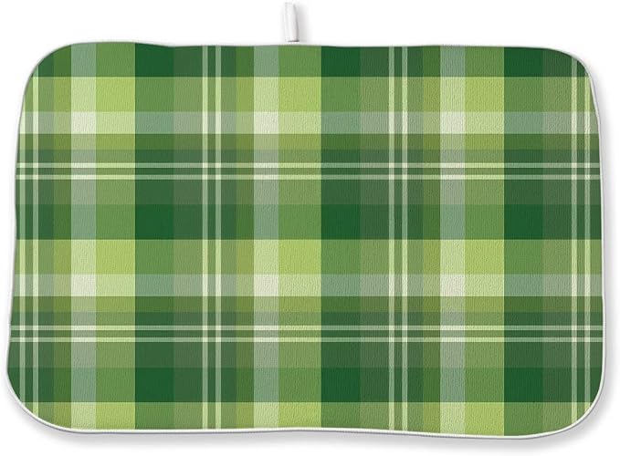 St. Patrick's Day Dish Drying Mat 18 x 24 Inch Green Buffalo Plaid Drying Mat for Kitchen Counter Absorbent Spring Green Dishes Dry Pad for Drainer Rack Kitchen Fast Dry