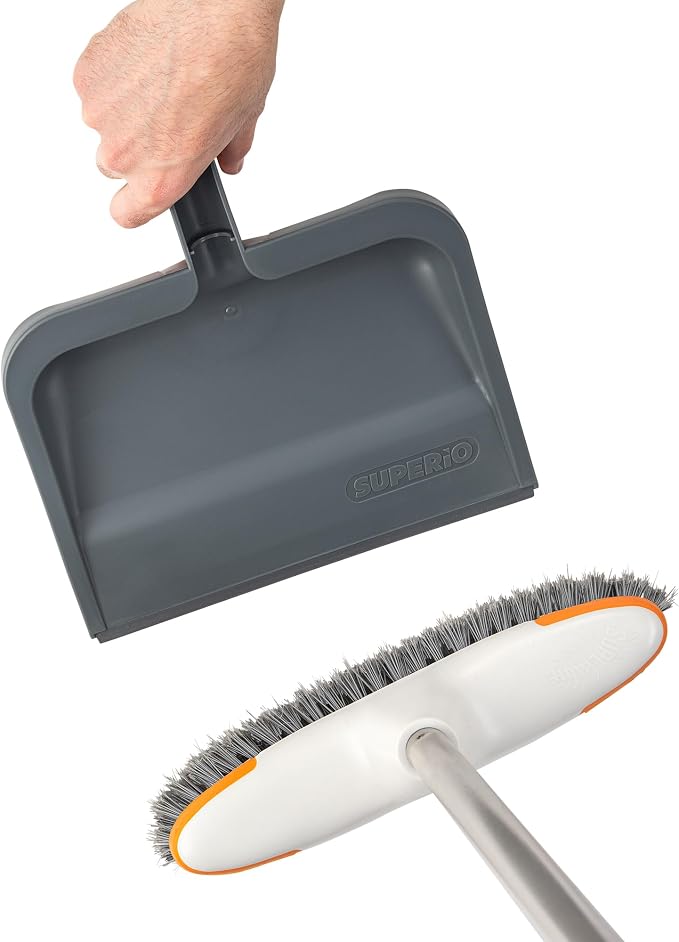 Superio Clip-On Dustpan with Rubber Lip - 10-inch Wide Durable Plastic Dust Pan with Comfort Grip Handle, Grey, 3-Pack