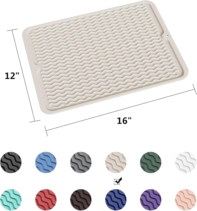 ZLR Silicone Dish Drying Mat for Kitchen Counter (12" x 16" / 307 x 405mm) - Large Fast-Dry Drainer Mat with Raised Wavy Ridges & 5mm Lip - Non-Slip, Heat Resistant 450°F, BPA-Free (Cassava White)