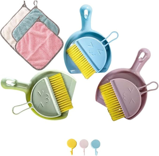 3 Pcs Mini Broom and Dustpan Set,Small Hand Broom and Dustpan Cleaning Cloths Set for Home Car Kitchen Table Kids Dustpan Brush Set for Sweeping Up Kitty Litter Pet Hair, with Hanging Hook