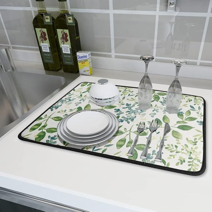 Green Leaves Branches Dish Drying Mat for Kitchen Counter 18x24 Inch Washable Microfiber Drying Mat Spring Floral Absorbent Drying Pad with Hanging Loop for Home Coffee Bar Decoration