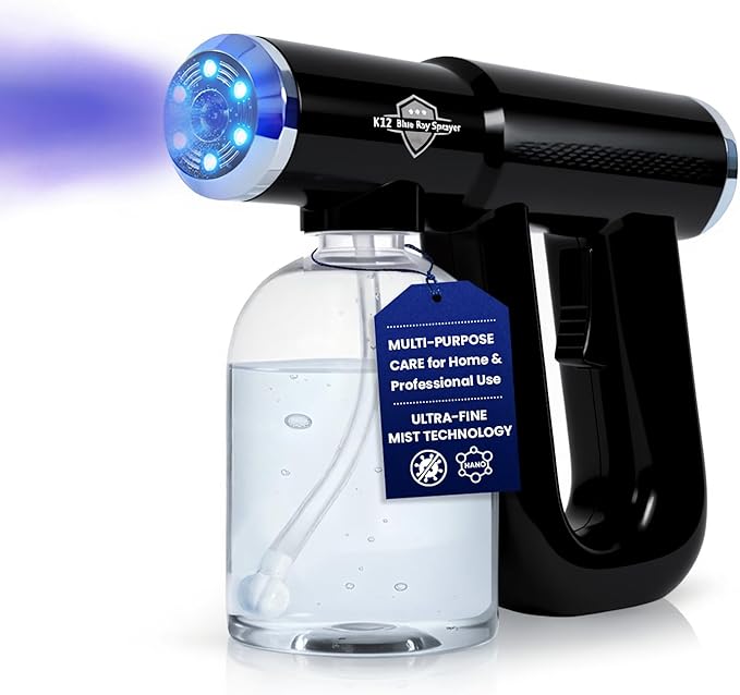 Professional Barber Disinfectant Spray Gun, Ultra Fine Mist Sprayer, Black | Continuous Spray Bottle with Blue Light, Easy to Use Lightweight and Rechargeable Sanitizer Gun, Multipurpose Fogger Machine