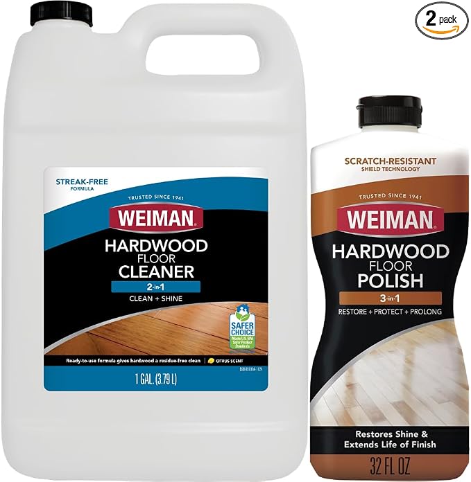 Weiman Hardwood Floor Cleaner and Polish - Cleans Vinyl Tile, Solid, Laminate, Natural Shine, No Residue, Removes Scratches, Leaves Protective Layer, 1 Gallon Mop Soap & 32 Oz Restorer