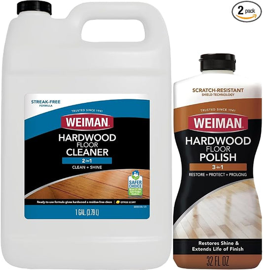 Weiman Hardwood Floor Cleaner and Polish - Cleans Vinyl Tile, Solid, Laminate, Natural Shine, No Residue, Removes Scratches, Leaves Protective Layer, 1 Gallon Mop Soap & 32 Oz Restorer