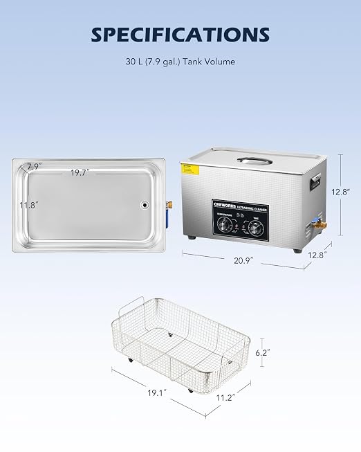 CREWORKS 30L Ultrasonic Cleaner with Heater & Timer, 600W 304 Stainless Steel Sonic Cleaner, 7.9 gal Ultrasonic Parts Cleaner with Knobs, Professional Lab Ultrasonic Cleaner for Auto Tool Machine Part