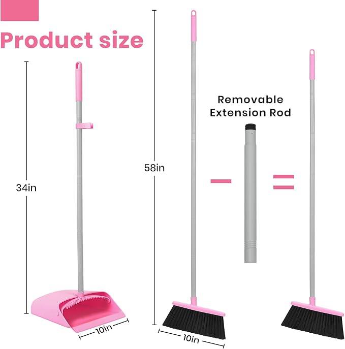 REEWII Pink Broom and Dustpan Set,58” Long Adjustable Handle Small Broom with Stand up Dustpan Combo Set with Dust Pan Teeth,for Indoor Home Office Floor Cleaning