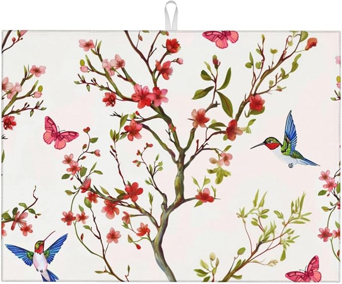 Hummingbird Butterfly Dish Drying Mat For Kitchen Counter, Super Absorbent Microfiber Dish Drying Pad, Kitchen Gadgets For Easy Clean Multi-Use Large 18"x24"