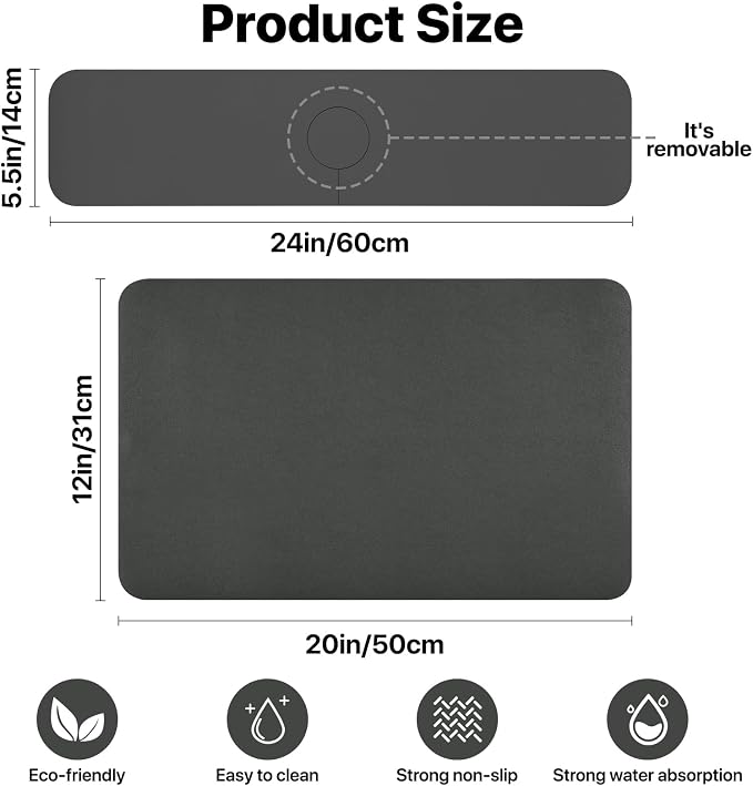 2PCS 12" x 19" Dish Drying Mat & 24" x 5.5" Faucet Mat for Kitchen Sink, Super Absorbent Kitchen Counter Mats & Sink Splash Guard, Easy to Clean Dark Gray Dish Rack Pad for Dishes Countertop