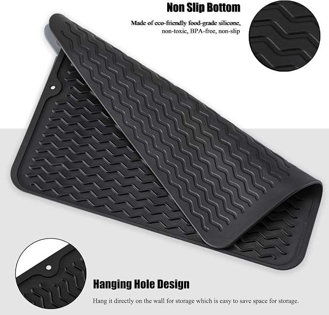 Silicone Dish Drying Mat, Non-Slip Easy Clean Sink Mat Large Heat-resistant Dish Drainer Mat for Kitchen Counter, Sink, Refrigerator or Drawer liner (12" x 12", BLACK)