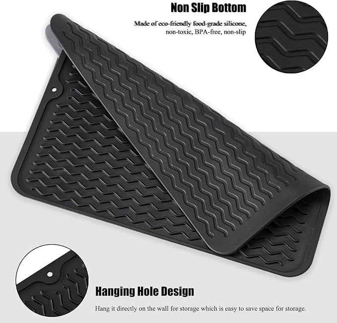 Large 14" x 11" Silicone Dish Drying Mat for Kitchen Counter, Easy clean, Quick Dry, Heat-resistant Dish Drainer Mat for Sink,Refrigerator or Drawer liner (Food Grade Silicone-Beige)