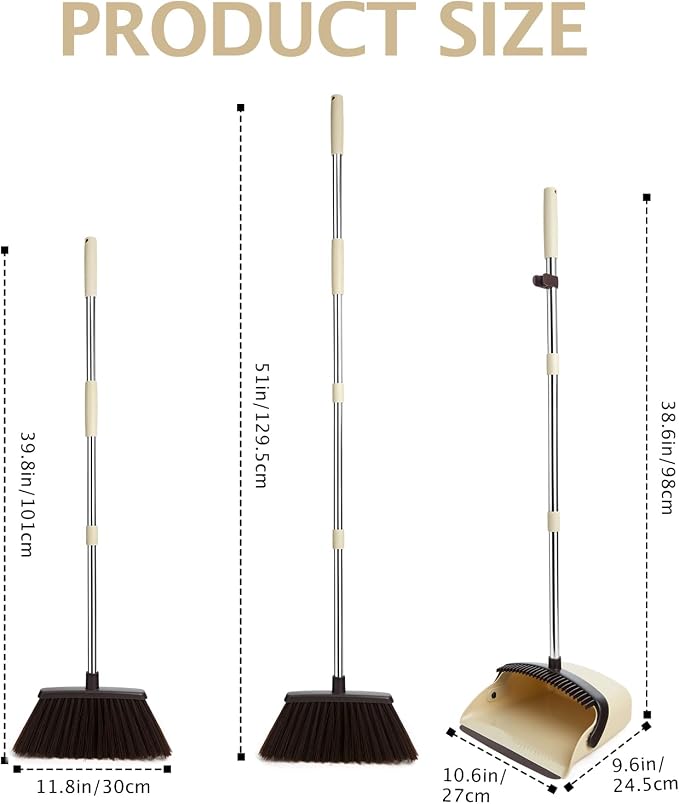 2-Pack Broom and Dustpan Combo Set,51" Long Handle,Beige | Standing Dustpan, Heavy Dust,House Accessories for Home, Kitchen, Office, Pet Hair