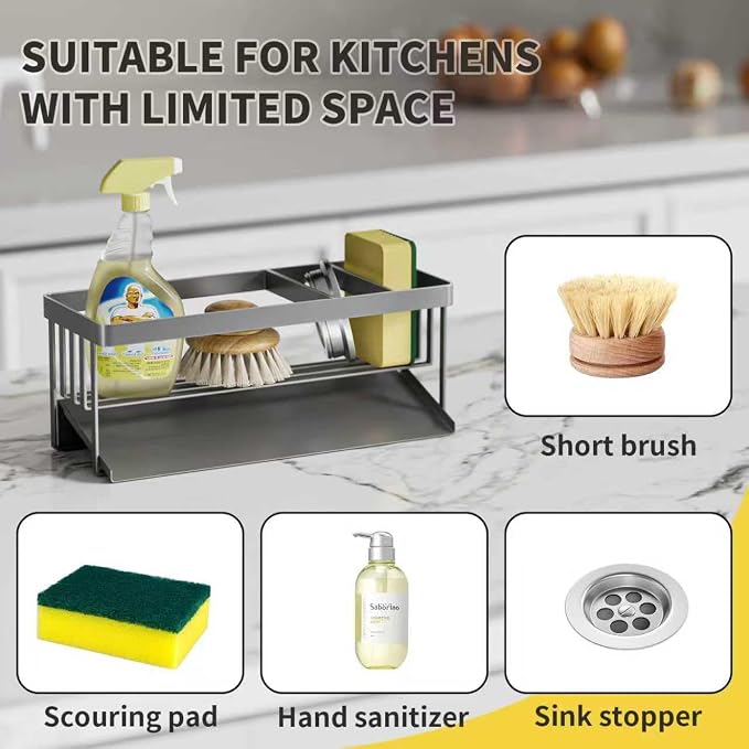 Kitchen Sink Caddy Organzier with Sponge Holder and Removable Drip Tray for Kitchen Sink, 304 Stainless Steel Organize for Sponge Soap Dish Brush Storage Accessories(Grey)