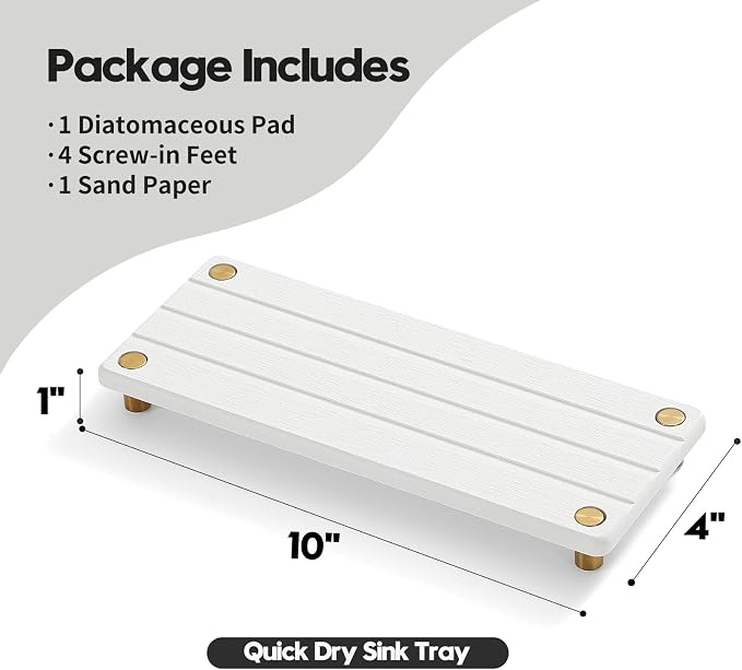 Razborci Instant Dry Sink Caddy Kitchen Sink Organizer, Quick Drying Diatomaceous Earth Stone Sink Tray Sponge Holder Soap Dish, Bathroom Countertop Vanity Dispenser Toothbrush, Gold White, 10" x 4"