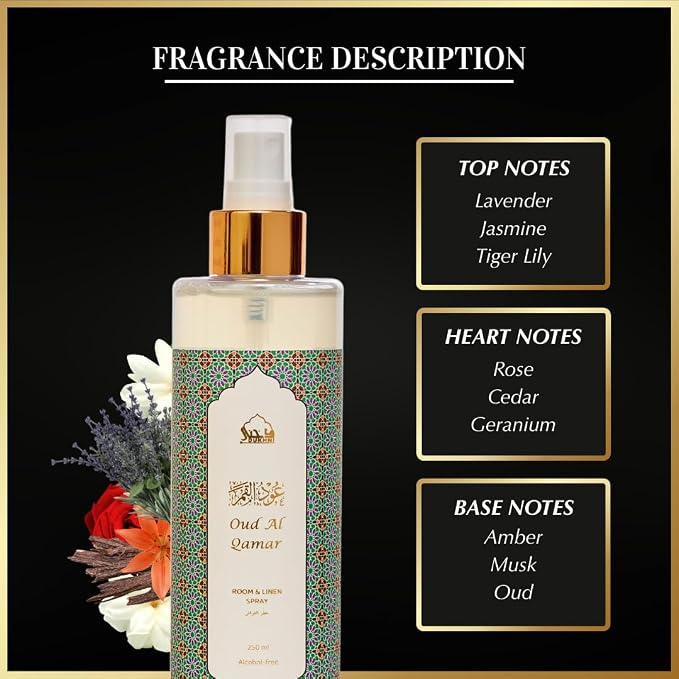 Oud Al Qamar Floral Spray by Dukhni | 250ml Oud Air Freshener for Home | Floral Oud Fabric Spray for Home, Prayer Mats, Bed, Linen, Sofa, Curtain, Car | Oud Room Freshener, Odour Eliminator