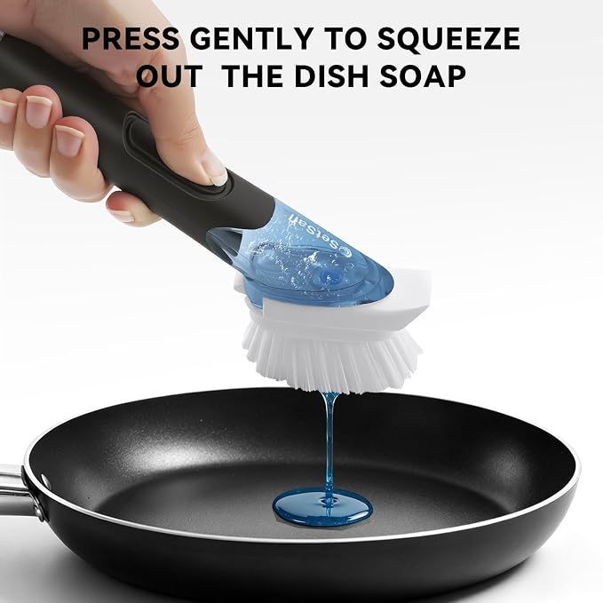 SetSail Dish Brush with Soap Dispenser, Stiff Bristles with Built-in Scraper Dish Scrubber with 3 Pack Replaceable Brush Head Dish Scrub Brush with Non-Slip Handle for Kitchen Sink, Dishes, Pans, Pot
