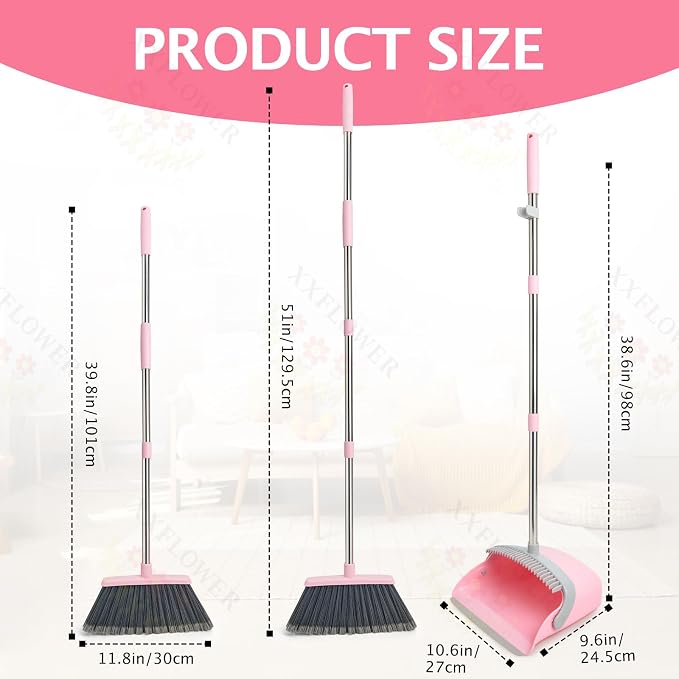 Broom and Dustpan Combo Set,51" Long Handle,Gray Pink | Heavy Dust, Dustpans with Broom Combo for Home, Kitchen, Office, Classroom,Apartment, Pet Hair