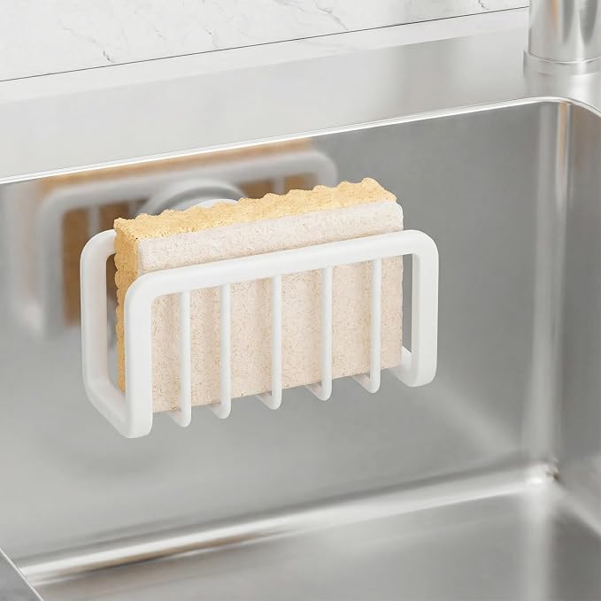 TAILI Sponge Holder for Kitchen Sink with Strong Suction Cup, Rustproof Aluminum Sink Caddy for Sponges, Removable Sponge Holder, Dish Brush for Scraper - White, 5.1" x 2.3"
