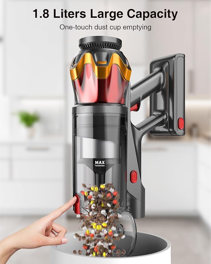 Cordless Vacuum Cleaner, 650W/55KPa 70Mins Vacuum Cleaners for Home, Self-Standing Stick Vacuum with Anti-Tangle Brush & OLED Touch Screen, Vacuum Cleaner for Hardwood Floors,Carpet,Pet Hair,Car (Red)