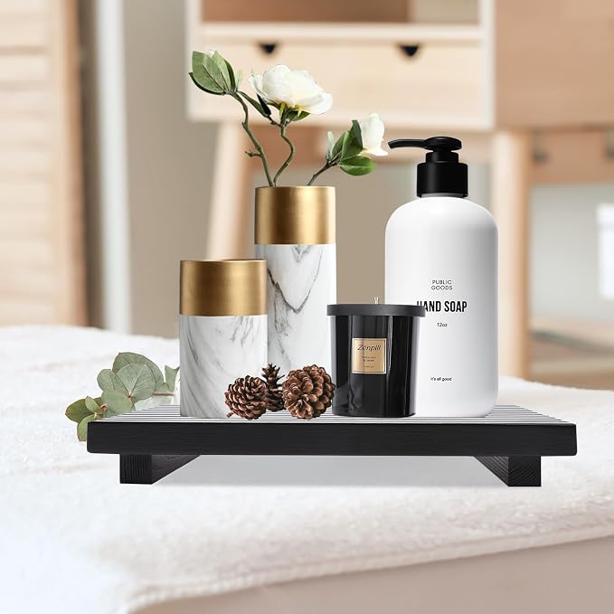 Black Bathroom Counter Tray Organizer Wood Riser Stand Kitchen Soap Holder | Rustic Countertop Trays Wooden Pedestal Display Dish Soap Dispenser Holder for Bathroom Decor Sink Accessories Vanity Tray