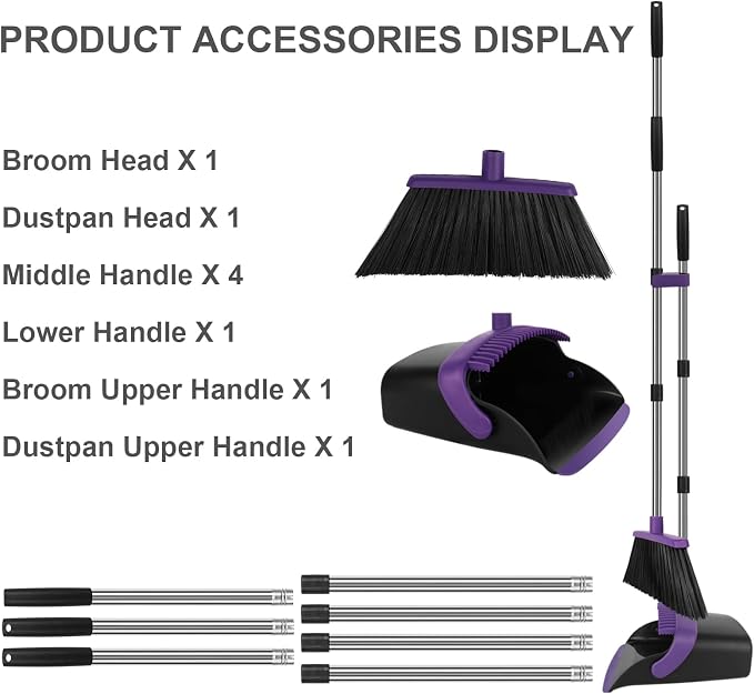 Purple Broom and Dustpan Combo Set, 55" Long Handle Broom | Large Area Outdoor Cleaning, Extended Reach Design, Built-in Comb Dustpan, Foldable Storage for Garage, Patio & Home