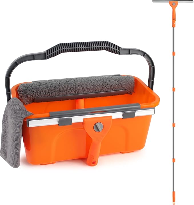 Window Cleaning Kit with Bucket 3 Gallon & 76" Squeegee Scrubber | Professional Window Washing Equipment with Long Handle, Compelete Window Cleaner Tools for Home Outdoor Commercial Car