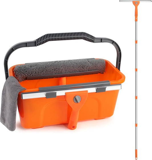 Window Cleaning Kit with Bucket 3 Gallon & 76" Squeegee Scrubber | Professional Window Washing Equipment with Long Handle, Compelete Window Cleaner Tools for Home Outdoor Commercial Car