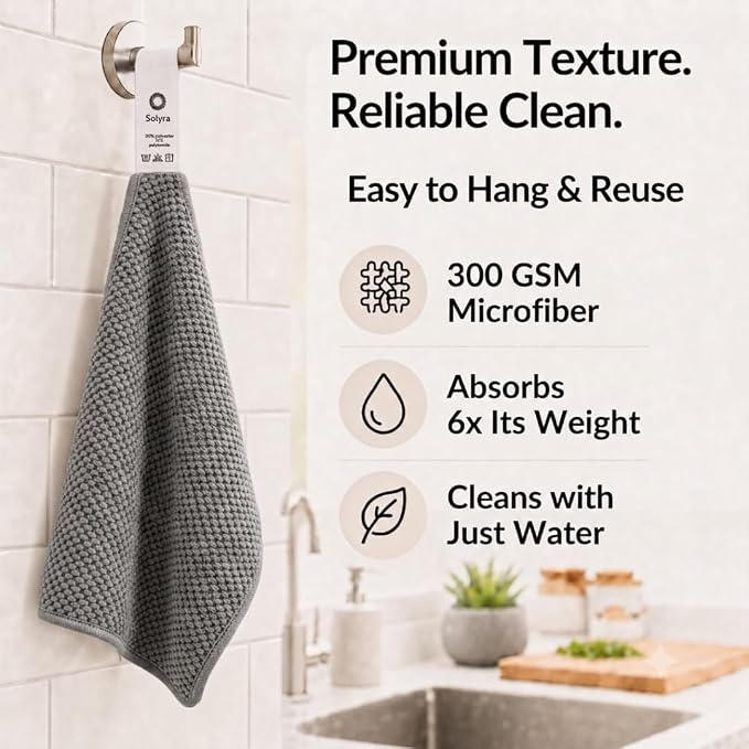 Solyra Non-Toxic Microfiber Kitchen Cleaning Cloths, 6 Pack, 12 x 12 in | OEKO-TEX Certified, Safe for Family & Pets, Lint-Free Kitchen Rags for Counters, Bath & Car