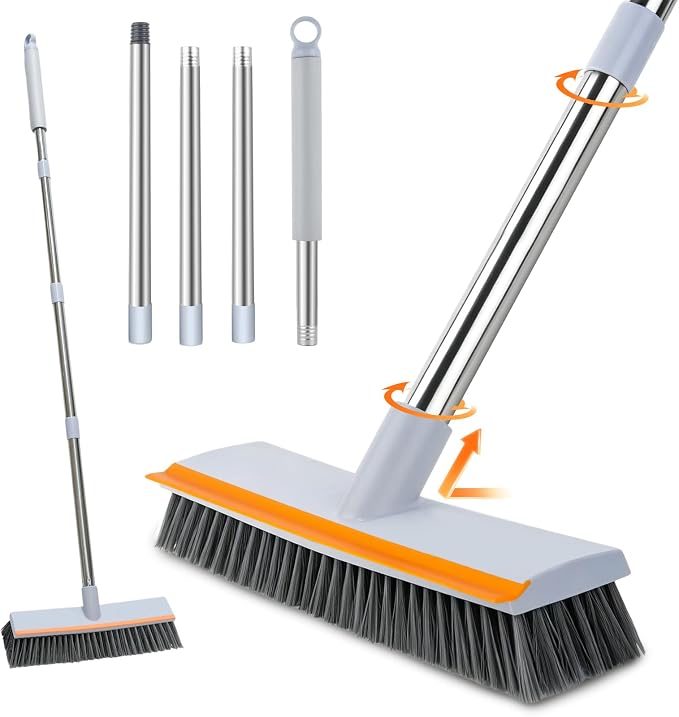 Floor Scrub Brush with 45" Long Handle, 2-in-1 Heavy-Duty Scrub Brush Broom | Stiff Bristle Scrubbing Brushes with Scrape Squeegee for Cleaning Bathroom, Kitchen, Patio, Pool, Garage, Tile, Wall, Deck