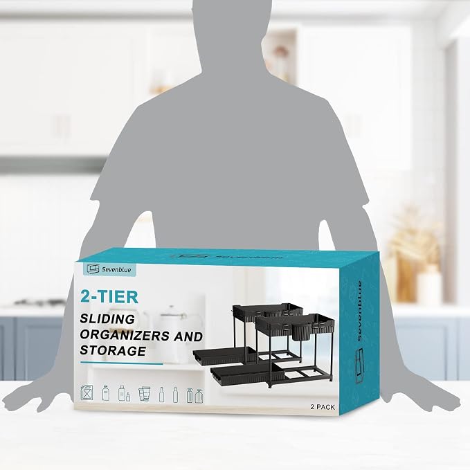 Sevenblue 2 Packs Under Sink Organizer, 2 Tier Under Kitchen Sink Organizer, Multi-Purpose Storage Shelf for Kitchen Bathroom Cabinet, Deep-Black,12.85 Inches