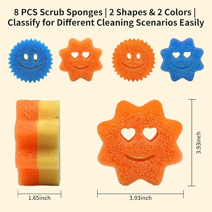 8 Pack Scrub Sponges, BIH Smile Dual-Sided Dish Sponge, 2 Shapes Temperature Sensitive Non Scratch Kitchen Sponges for Kitchen, Bathroom, Windows & All Household Surfaces, Stain & Odor Resistant