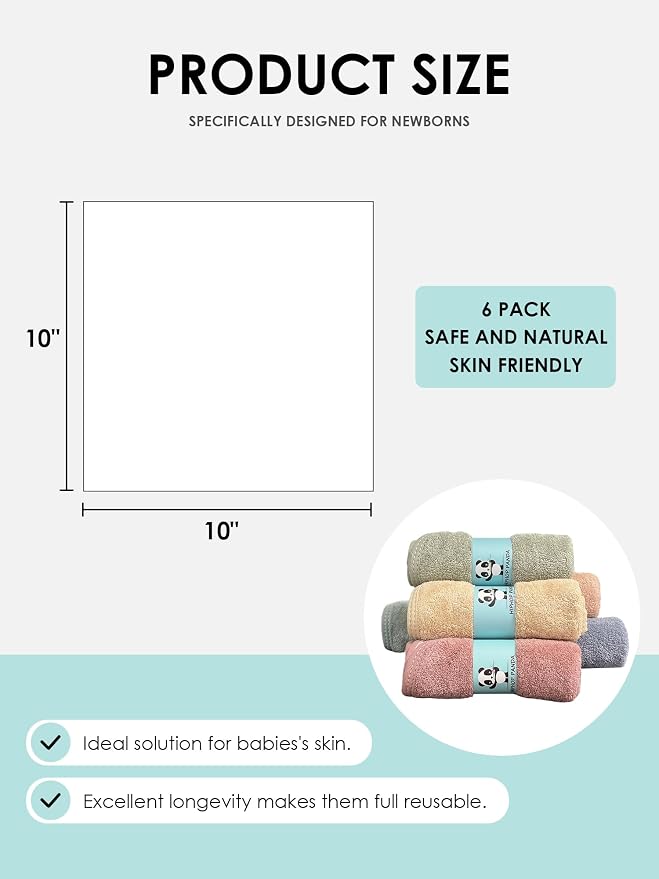 HIPHOP PANDA Baby Washcloths, Rayon Made from Bamboo - 2 Layer Ultra Soft Absorbent Newborn Bath Face Towel - Reusable Baby Wipes for Delicate Skin - Pastel Macaron, 6 Pack