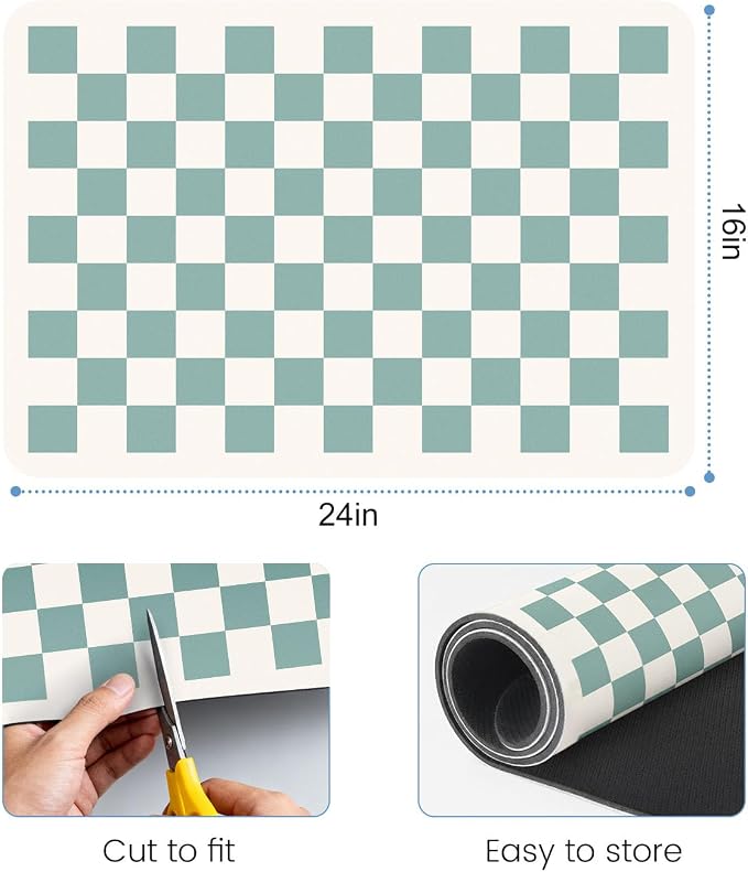 Clinuse Coffee Mats, 24"x16" Checkered Dish Drying Mat for Kitchen Counter, Quick Dry Mat, Diatomite Absorbent Aesthetic Large Drying Mats for Coffee Bar - Green White