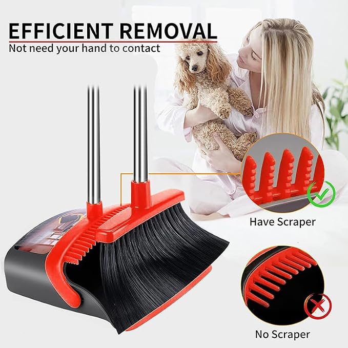 2-Pack is More economical,Brooms with Dustpan Combo Set， with 52" Long Handle, Dustpan Teeth with self-Cleaning Function, Indoor and Outdoor Sweeping, Perfect for Home Office (Large/Red /2-Pack)