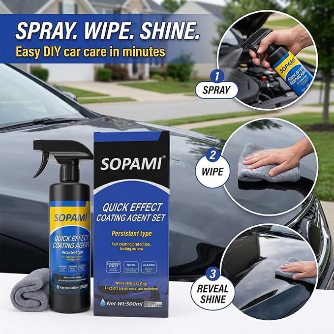 Sopami Car Coating Spray, Quick Effect Coating Agent - 33.8 FL OZ | Car Scratch Wax Polish Spray Waterless Wash, Quickly Coat Car Wax, Oil Film Emulsion Glass Cleaner with towel for All Car