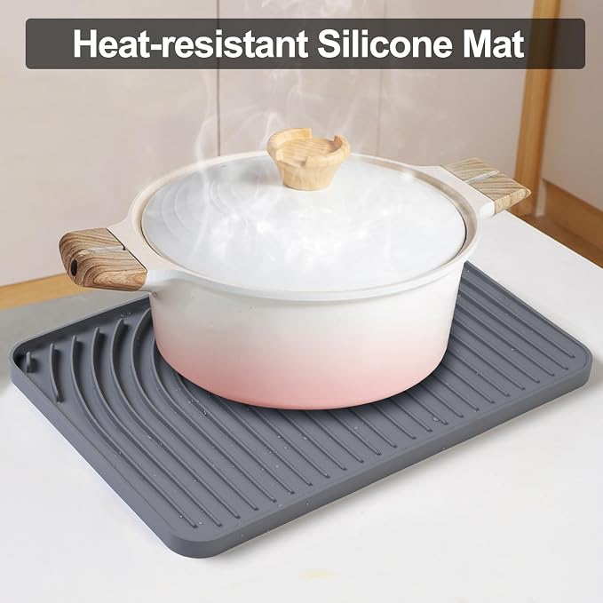 Dish Drying Mat for Kitchen Counter, with Built-in Drain Lip, Food-Grade Silicone, Easy Clean Pad for Countertop Protection, Multi-Functional Use (18 x12 Raised Sink, Grey)